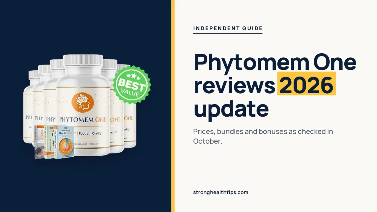 Phytomem One reviews 2026: update headline beside the six-bottle Phytomem One package photo on navy