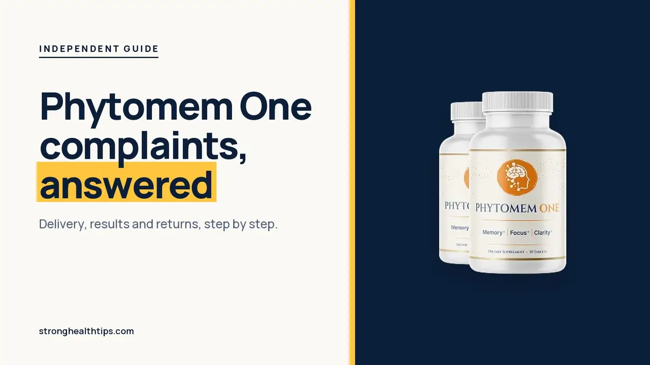 Phytomem One reviews and complaints: headline beside the two-bottle Phytomem One package photo on a navy panel