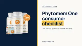 Phytomem One reviews consumer reports style: checklist headline beside the three-bottle Phytomem One package on navy