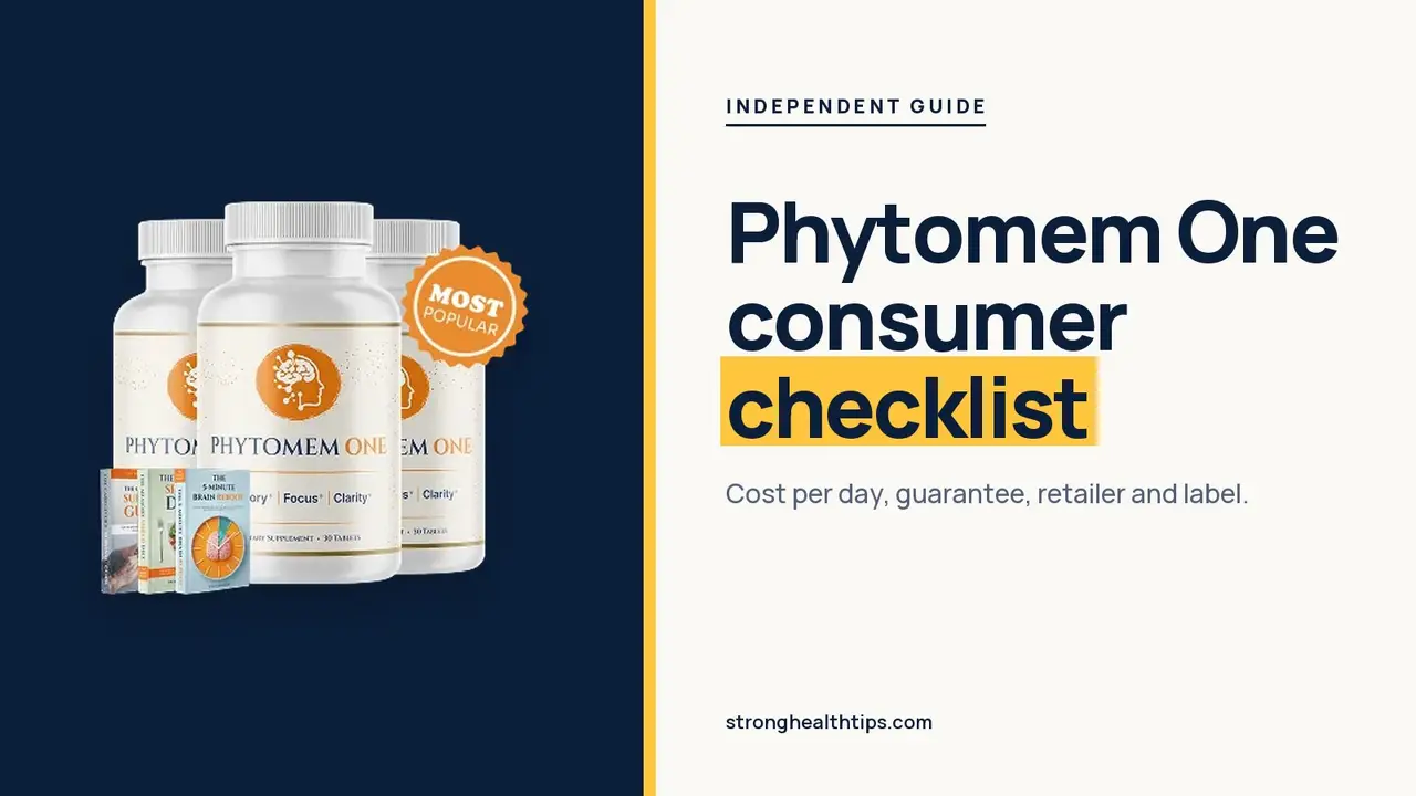 Phytomem One reviews consumer reports style: checklist headline beside the three-bottle Phytomem One package on navy