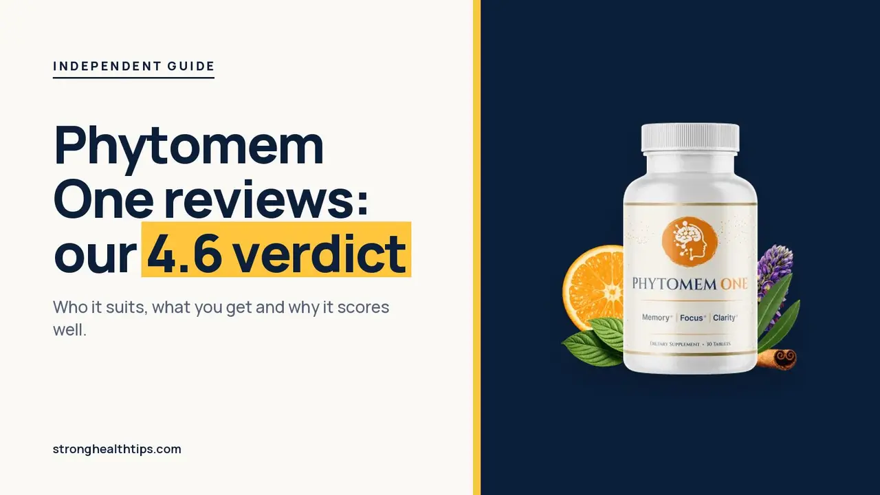 Phytomem One reviews: headline beside the Phytomem One bottle on a navy panel with a yellow edge