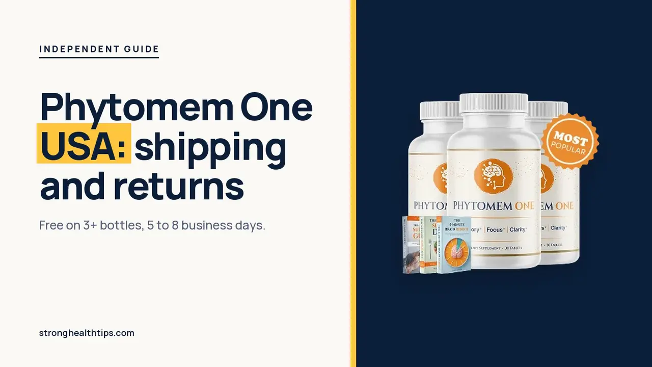 Phytomem One USA: shipping and returns headline beside the three-bottle Phytomem One package on a navy panel