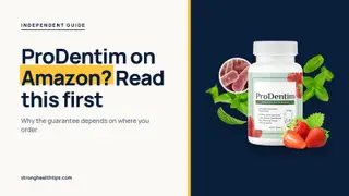 ProDentim Amazon question answered: headline beside a ProDentim bottle with strawberries and mint on a navy panel