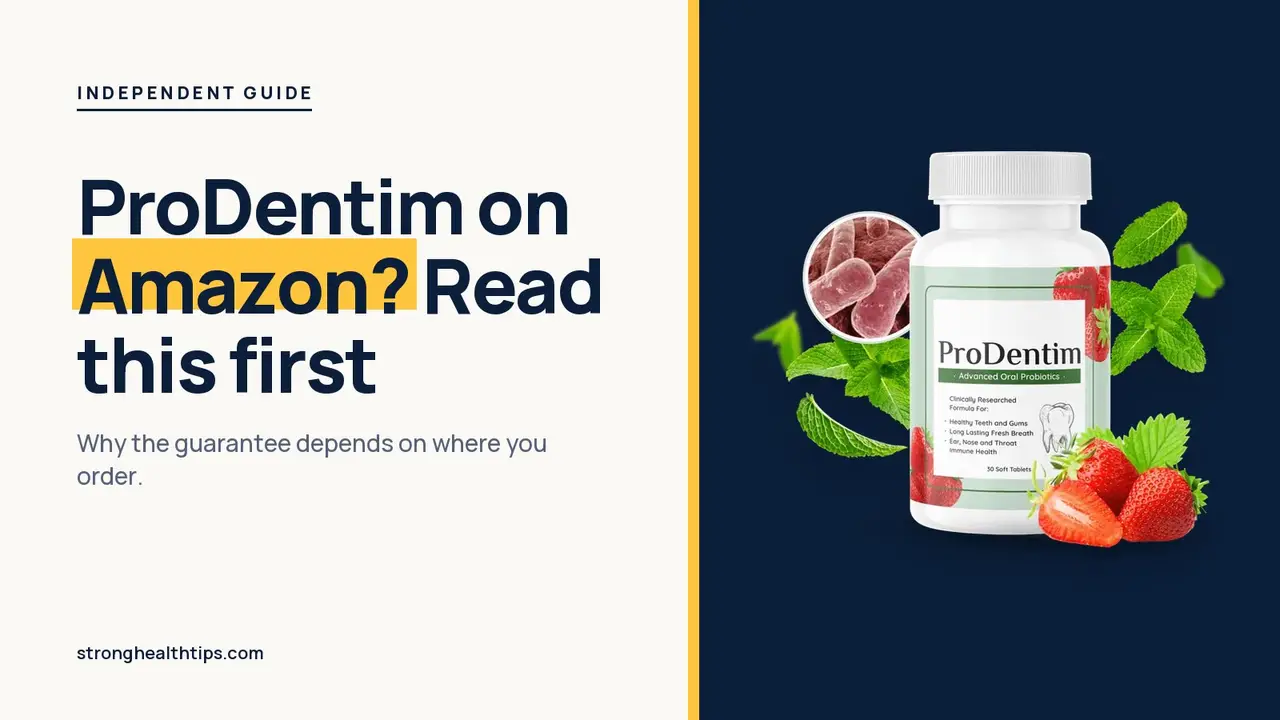 ProDentim Amazon question answered: headline beside a ProDentim bottle with strawberries and mint on a navy panel