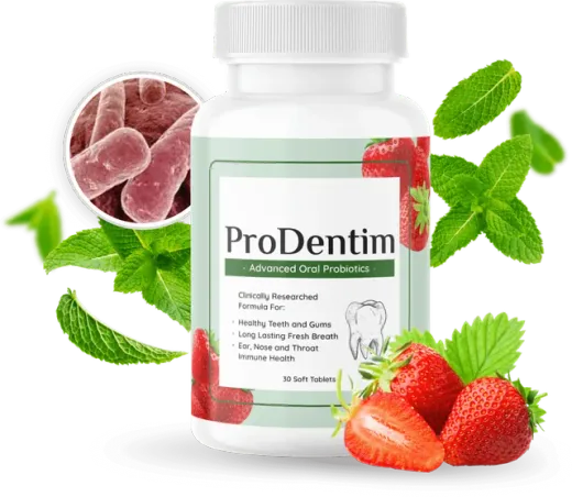 ProDentim bottle with mint leaves and strawberries, 30 soft tablets of advanced oral probiotics