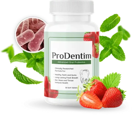 ProDentim bottle with mint leaves and strawberries, 30 soft tablets of advanced oral probiotics