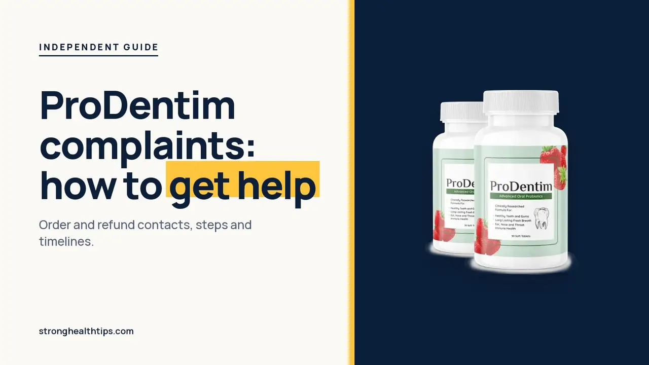ProDentim complaints help guide: headline about order and refund contacts beside a two-bottle ProDentim package photo