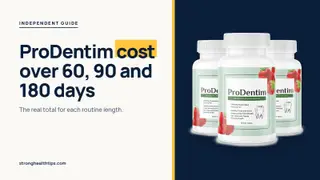 ProDentim cost: headline beside a three-bottle ProDentim package photo on a navy panel with a yellow edge