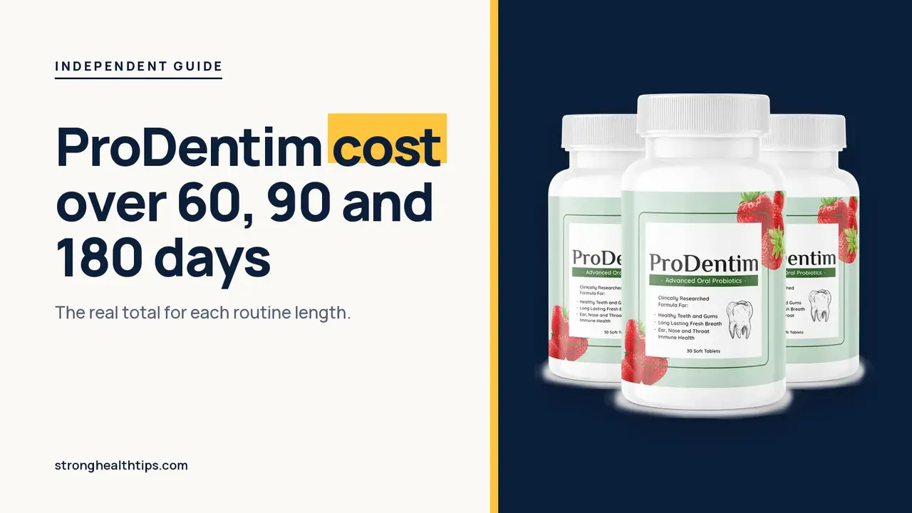 ProDentim cost: headline beside a three-bottle ProDentim package photo on a navy panel with a yellow edge