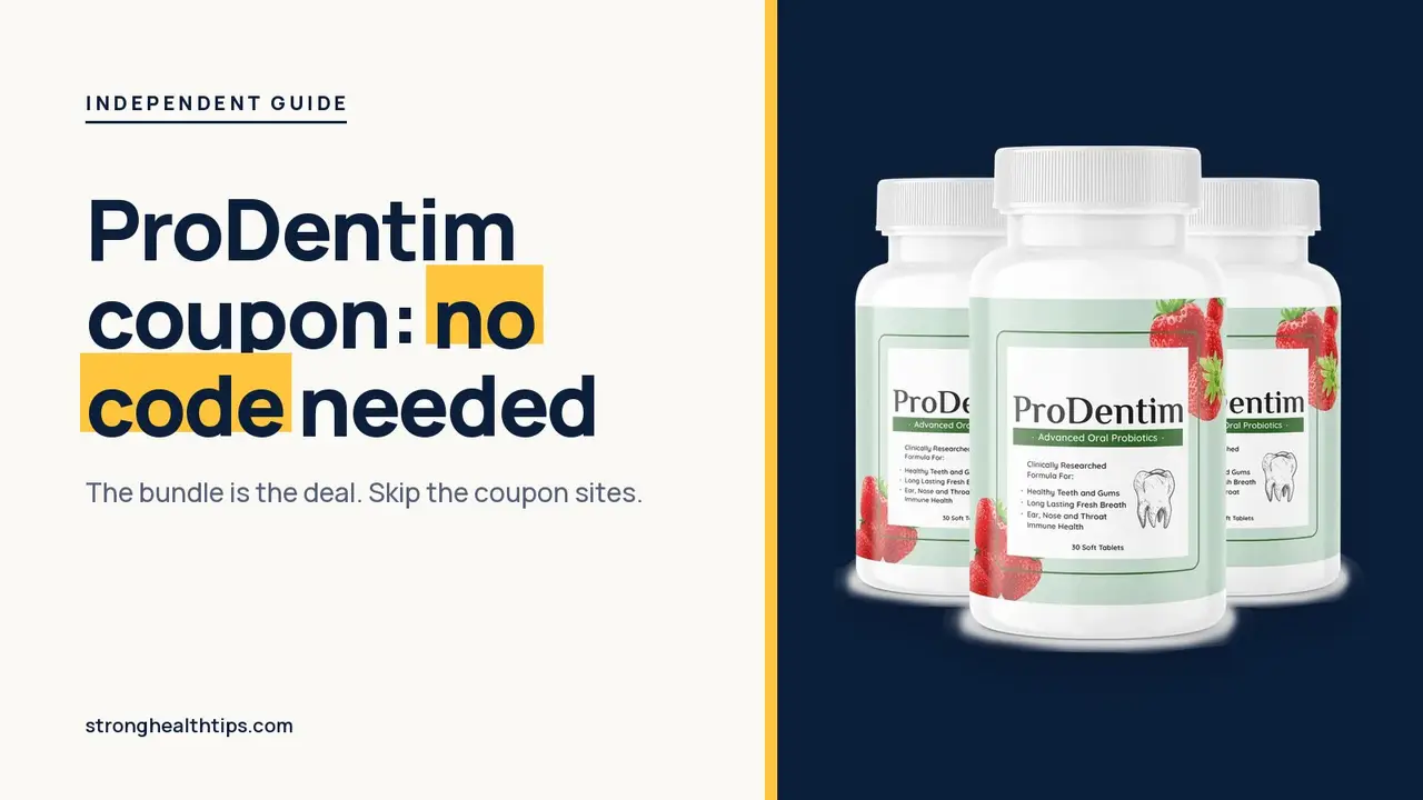 ProDentim coupon: headline about no code needed beside a three-bottle ProDentim package photo on a navy panel