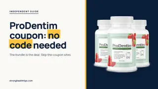 ProDentim coupon: headline about no code needed beside a three-bottle ProDentim package photo on a navy panel