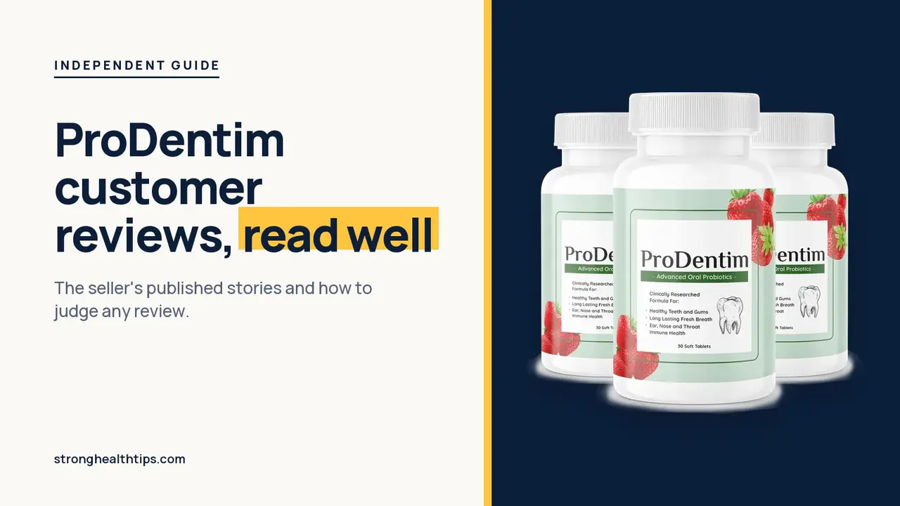 ProDentim customer reviews: headline beside a three-bottle ProDentim package photo on a navy panel