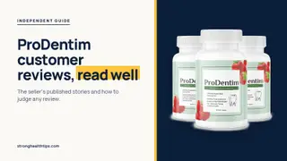 ProDentim customer reviews: headline beside a three-bottle ProDentim package photo on a navy panel