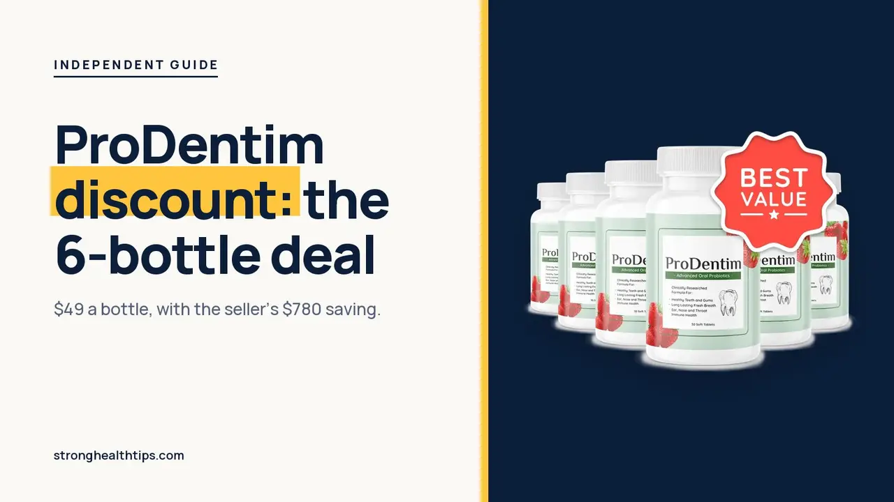 ProDentim discount: headline beside the six-bottle ProDentim package photo with a best value badge on a navy panel