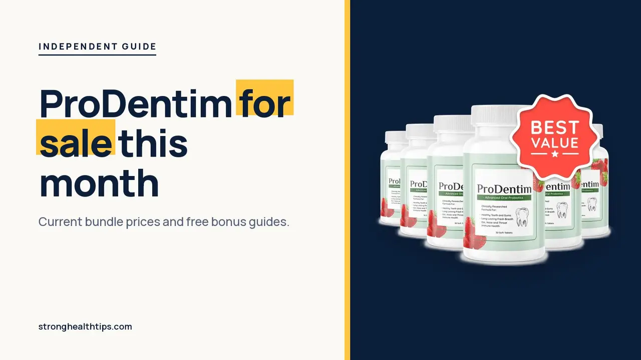 ProDentim for sale this month: headline beside the six-bottle ProDentim package photo with a best value badge on a navy panel