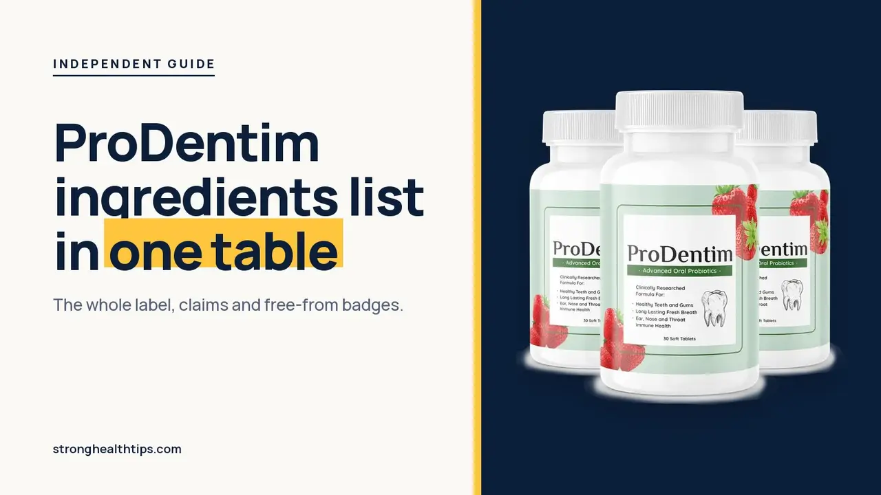ProDentim ingredients list: headline about the complete label in one table beside a three-bottle ProDentim package photo