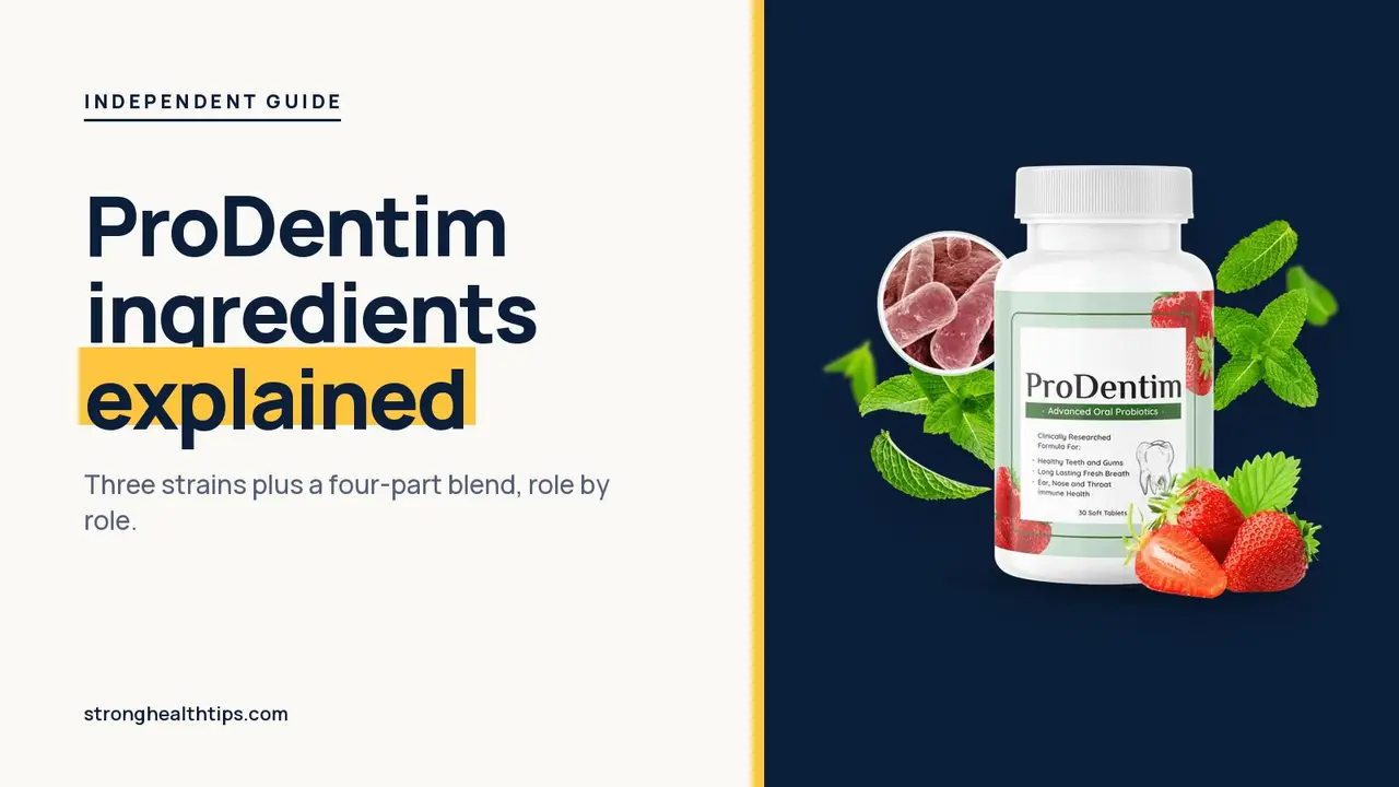 ProDentim ingredients explained: headline beside a ProDentim bottle with a bacteria close-up, strawberries and mint on navy