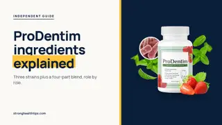 ProDentim ingredients explained: headline beside a ProDentim bottle with a bacteria close-up, strawberries and mint on navy