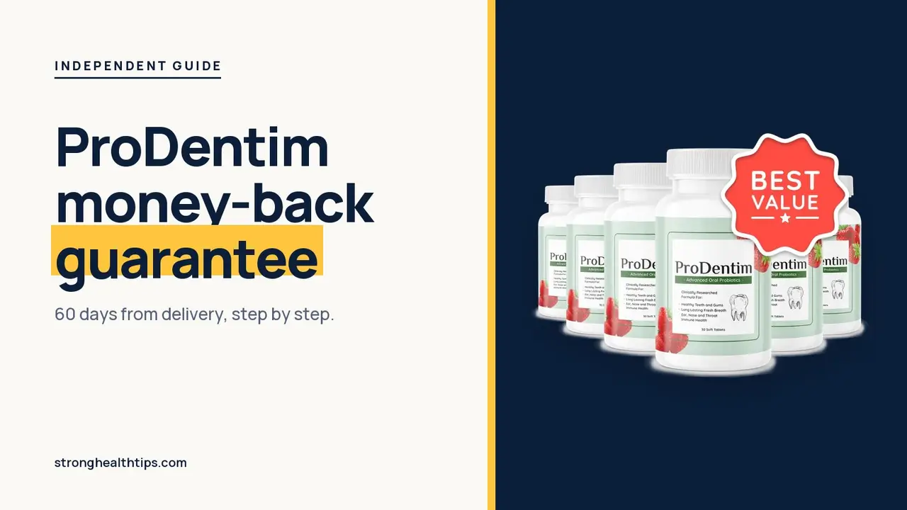 ProDentim money-back guarantee: 60-day refund headline beside the six-bottle ProDentim package photo on navy
