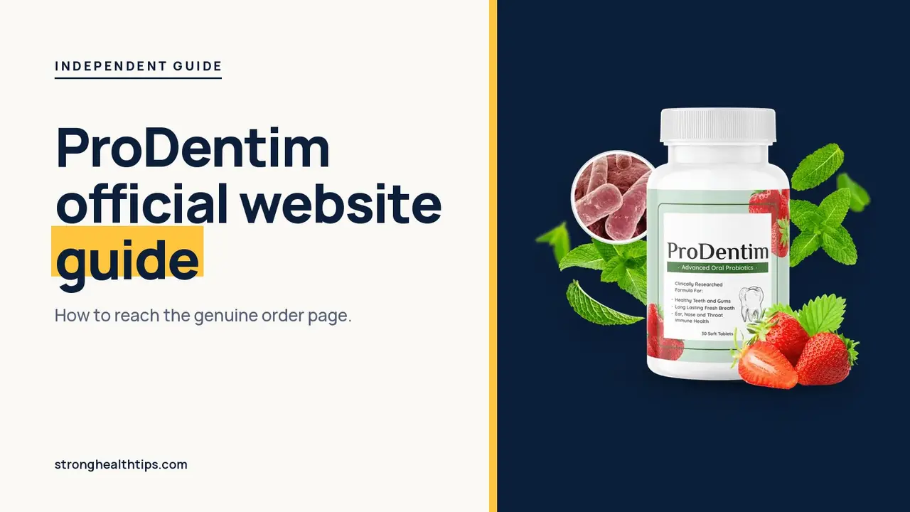 ProDentim official website guide: headline about reaching the genuine order page beside a ProDentim bottle on a navy panel