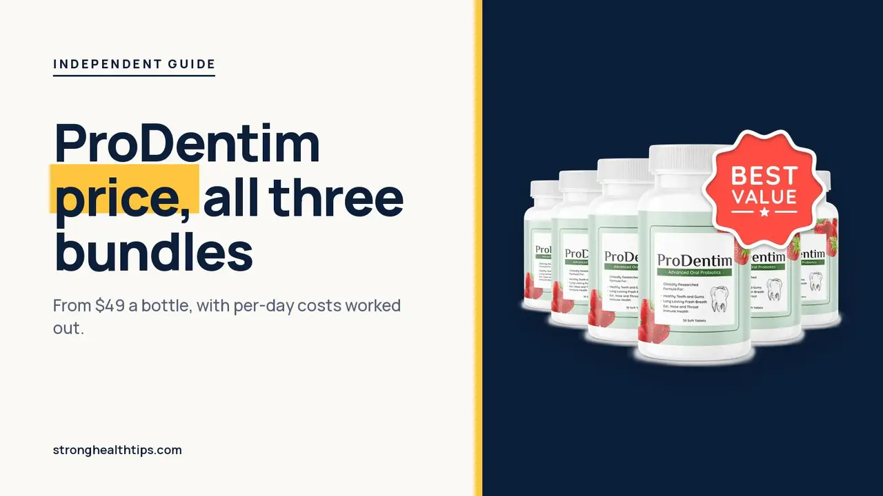 ProDentim price: headline beside the six-bottle ProDentim package photo with a best value badge on a navy panel