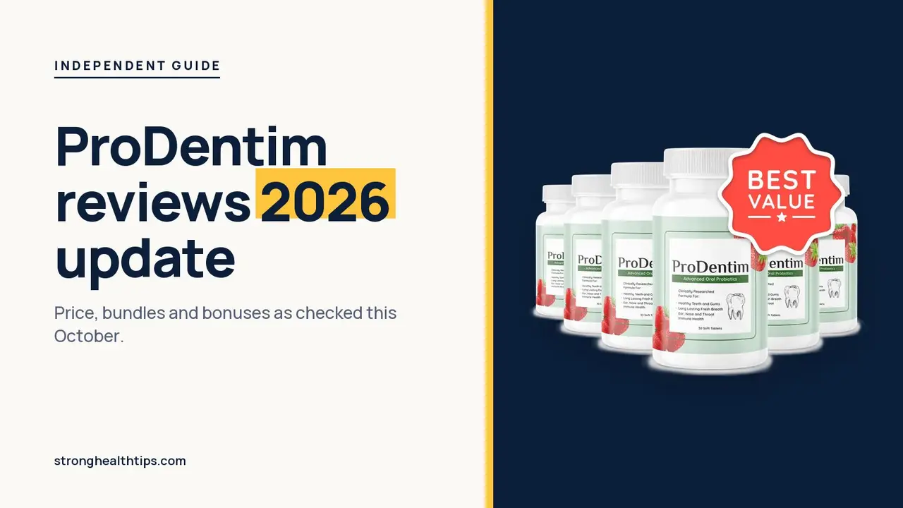 ProDentim reviews 2026: headline beside the six-bottle ProDentim package photo on a navy panel