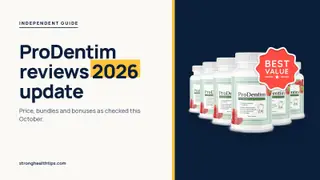 ProDentim reviews 2026: headline beside the six-bottle ProDentim package photo on a navy panel