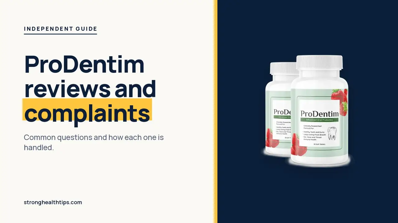 ProDentim reviews and complaints: headline beside a two-bottle ProDentim package photo on a navy panel
