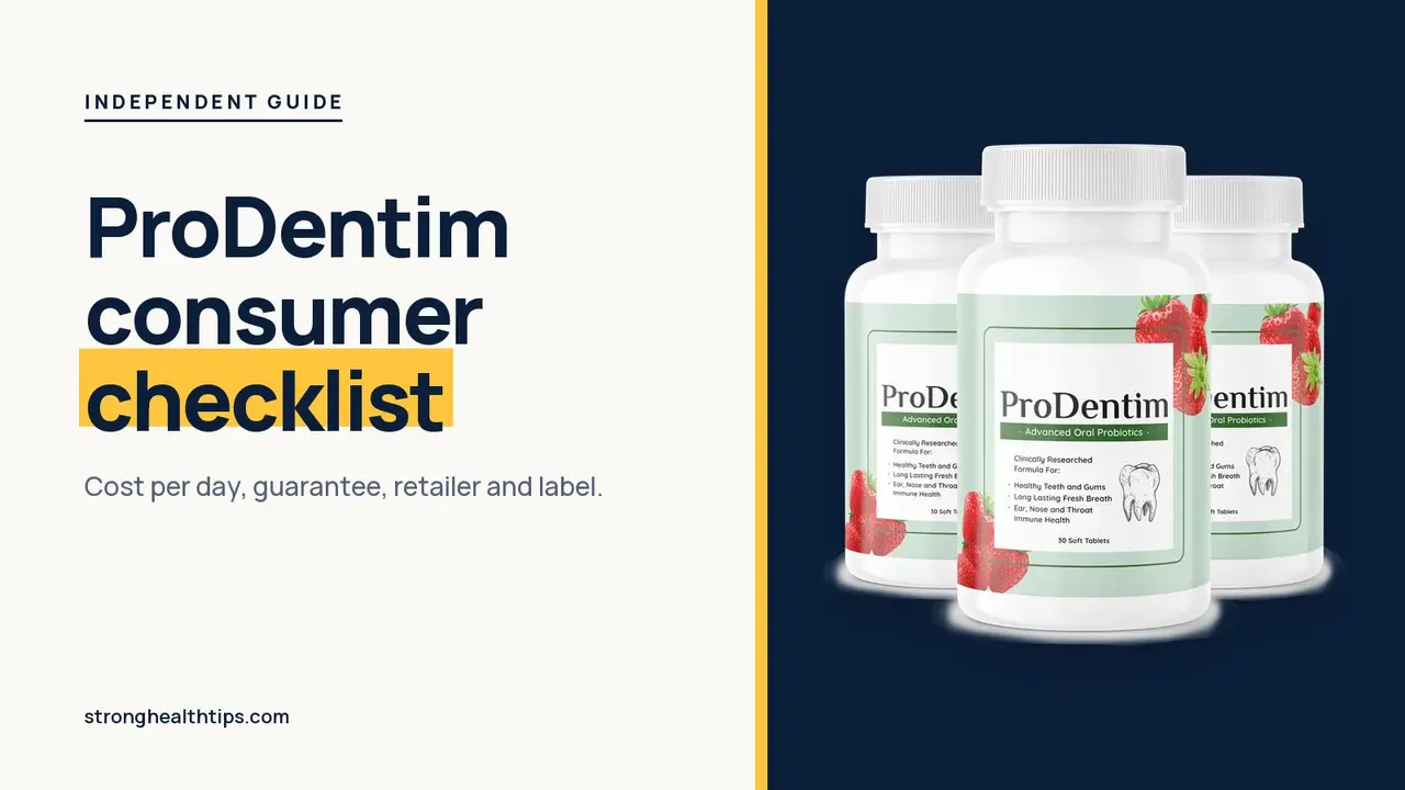 ProDentim reviews consumer reports style: a six-point buyer checklist headline beside a three-bottle ProDentim photo