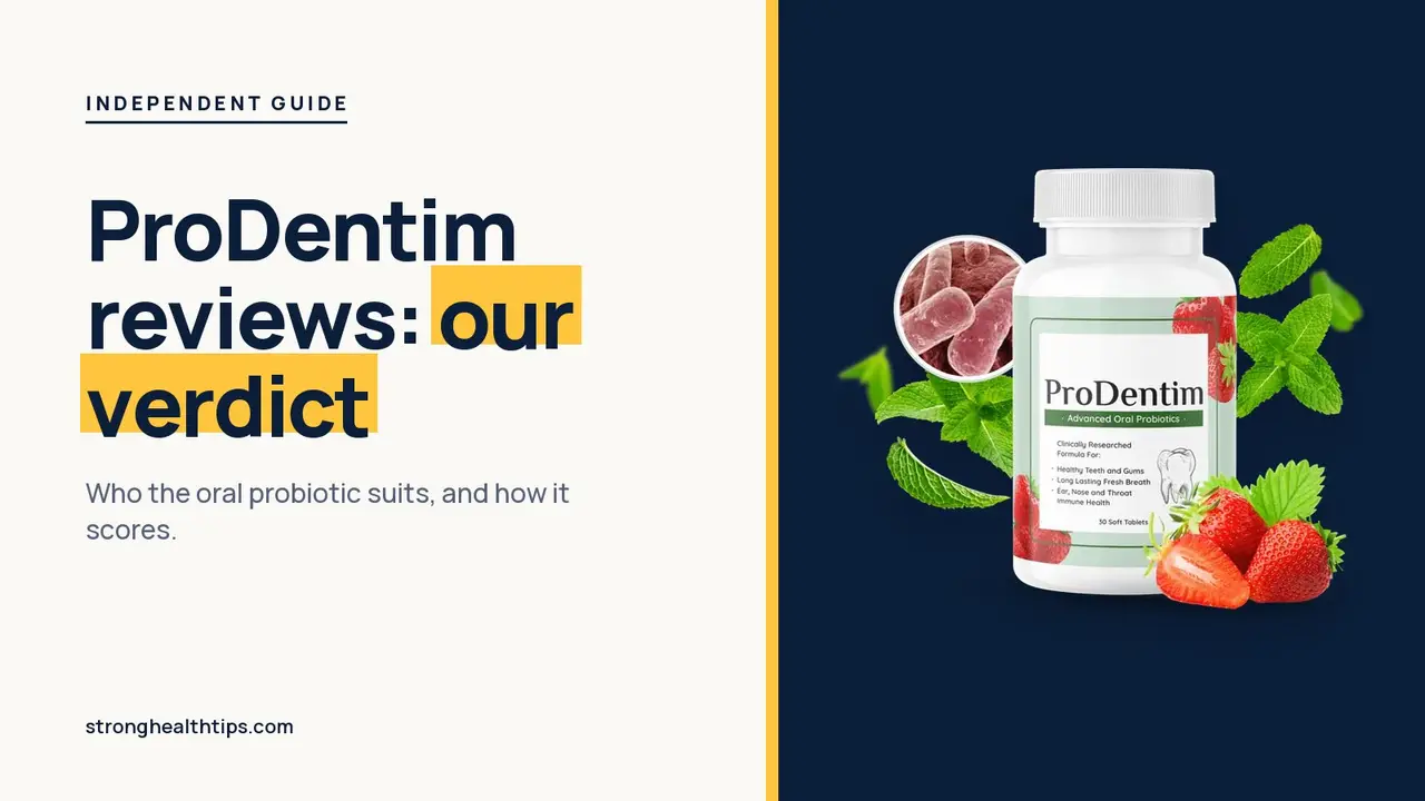 ProDentim reviews: our verdict headline beside a ProDentim bottle with strawberries and mint on a navy panel
