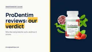 ProDentim reviews: our verdict headline beside a ProDentim bottle with strawberries and mint on a navy panel