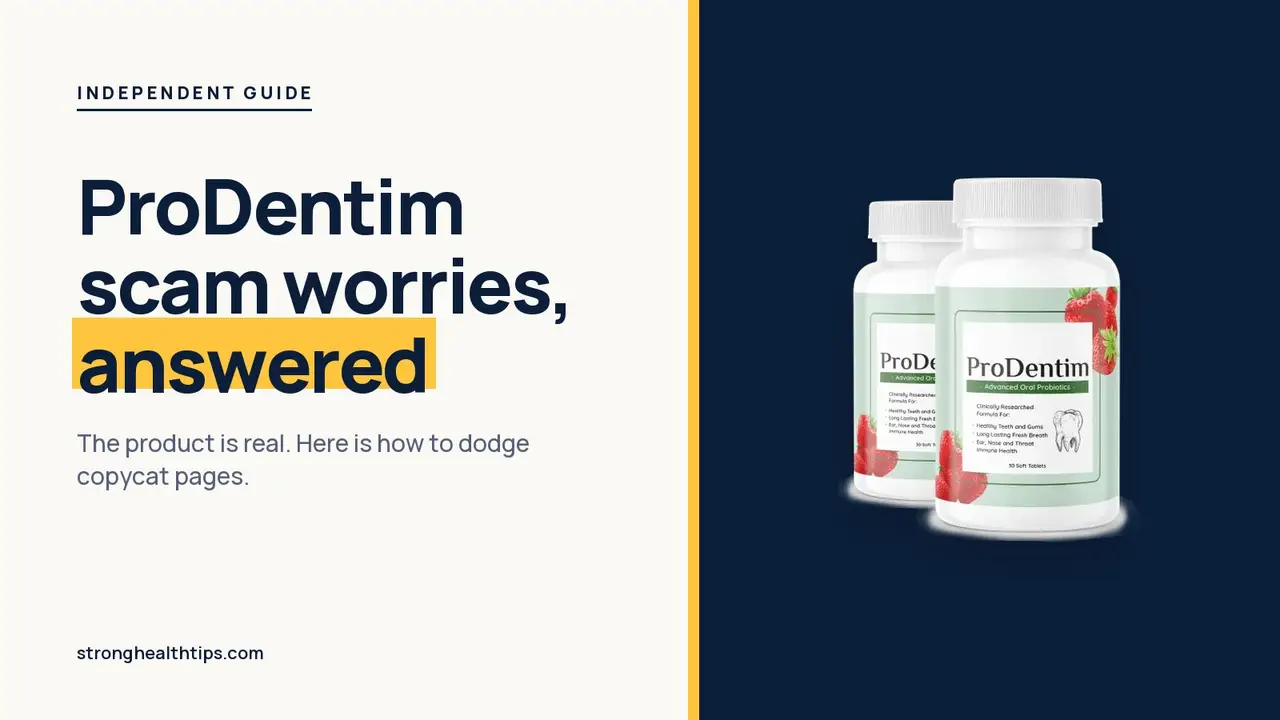 ProDentim scam worries answered: headline beside a two-bottle ProDentim package photo on a navy panel