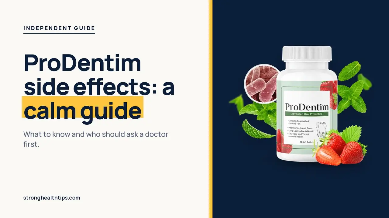 ProDentim side effects calm guide: headline beside a ProDentim bottle with strawberries and fresh mint on a navy panel