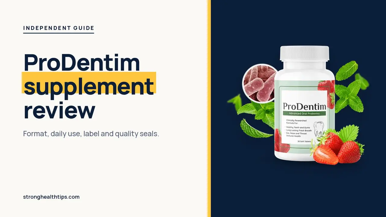 ProDentim supplement reviews: headline beside a ProDentim bottle label reading Advanced Oral Probiotics on a navy panel