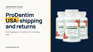 ProDentim USA: headline about shipping and returns beside a three-bottle ProDentim package photo on a navy panel
