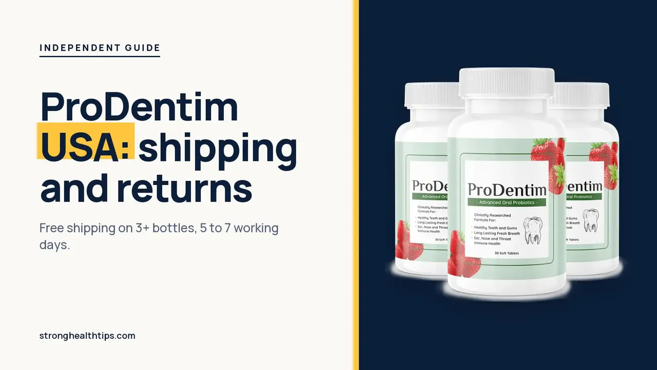 ProDentim USA: headline about shipping and returns beside a three-bottle ProDentim package photo on a navy panel