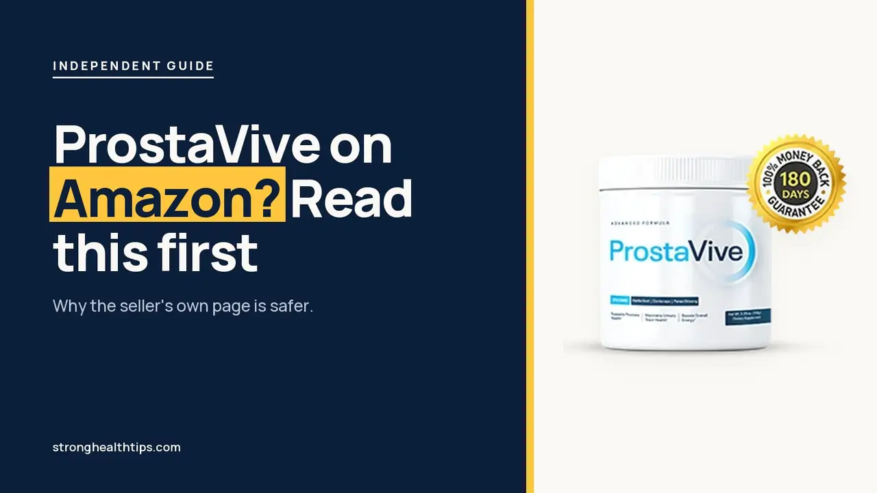 ProstaVive on Amazon: headline beside a ProstaVive tub on a navy panel with a yellow edge