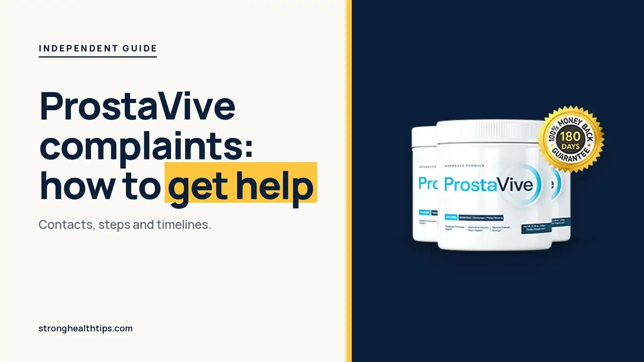 ProstaVive complaints: headline beside the three-tub ProstaVive package on a navy panel with a yellow edge