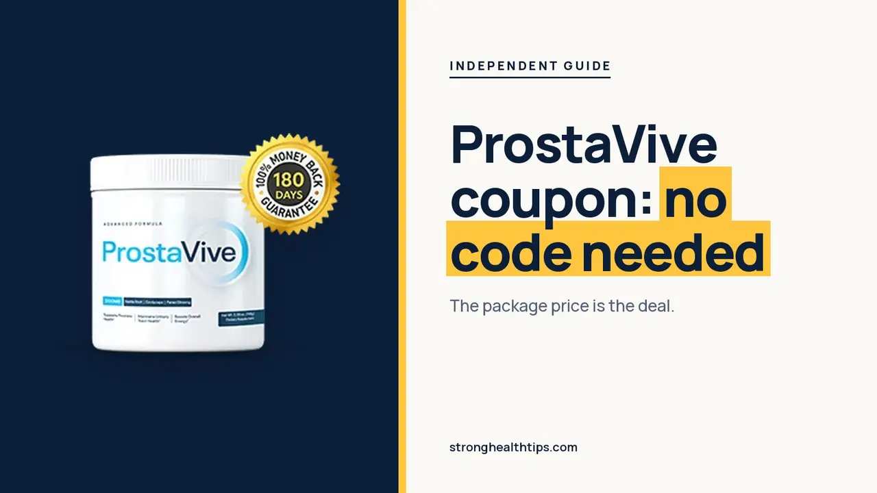 ProstaVive coupon code: headline beside the six-tub ProstaVive package on a warm white panel with a yellow bar