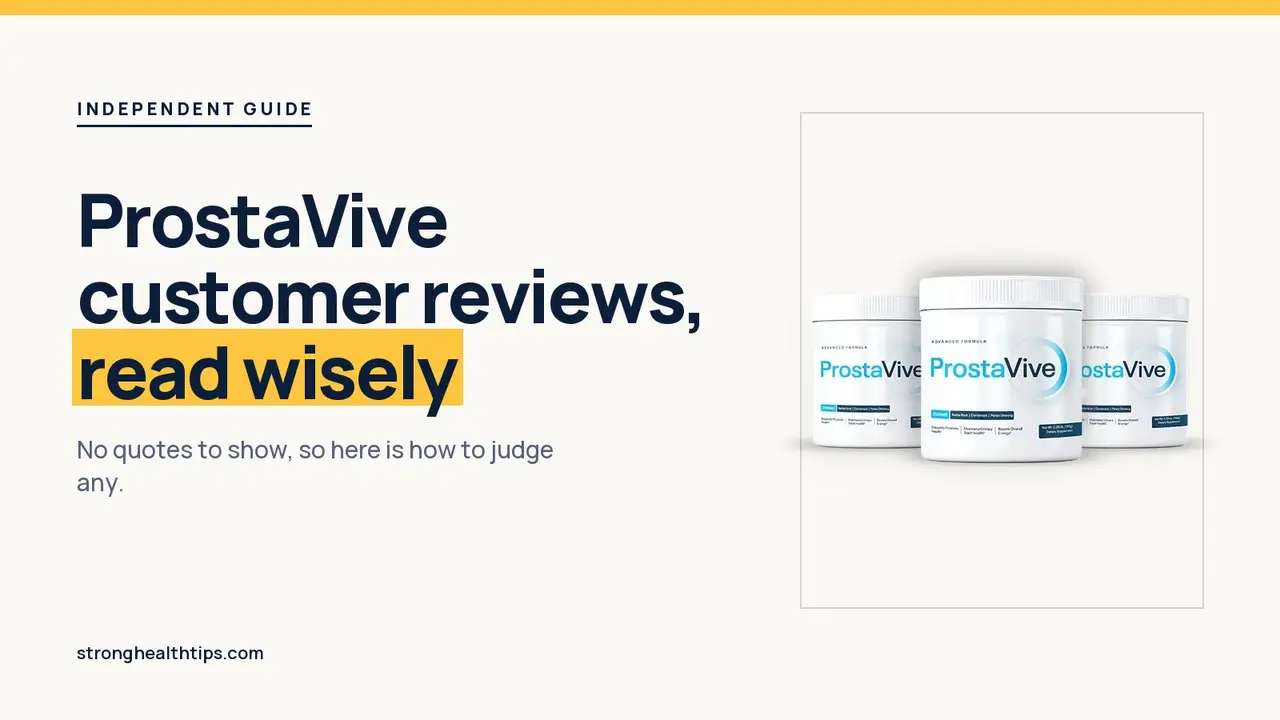 ProstaVive customer reviews: headline beside a ProstaVive tub on a warm white panel with a yellow bar