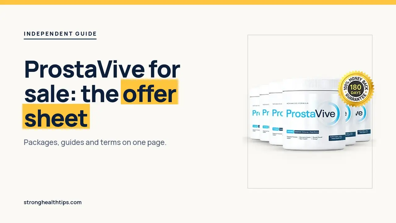 ProstaVive for sale: headline beside the three-tub and six-tub ProstaVive packages on a navy panel with a yellow edge