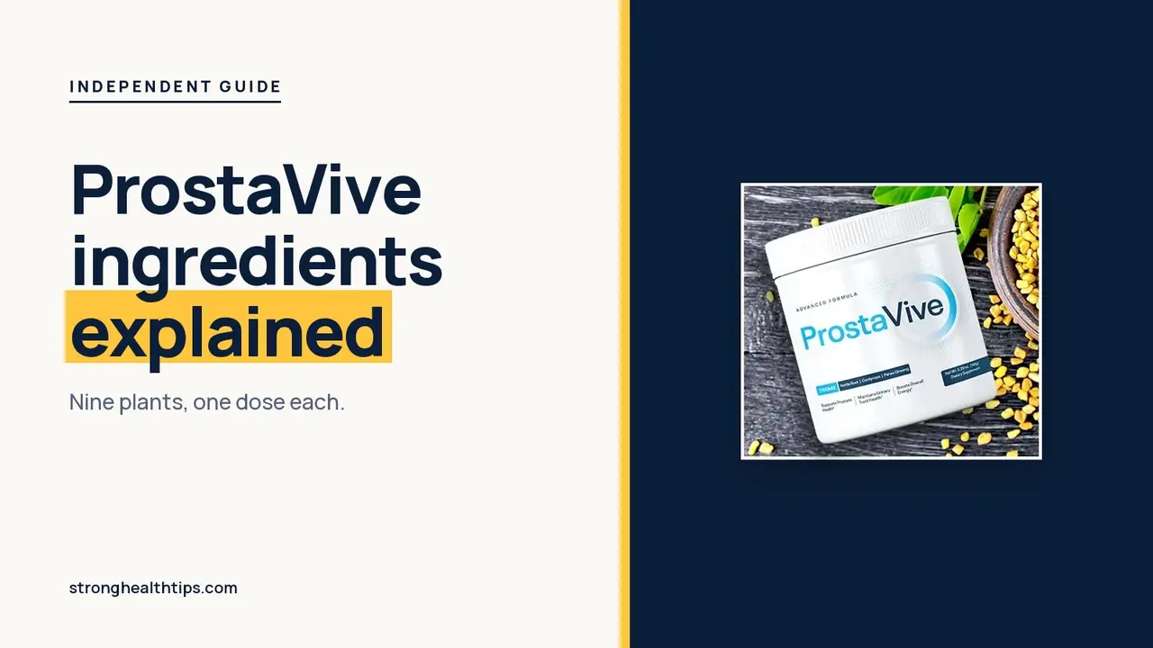 ProstaVive ingredients explained: headline beside a ProstaVive tub on fenugreek seeds on a navy panel