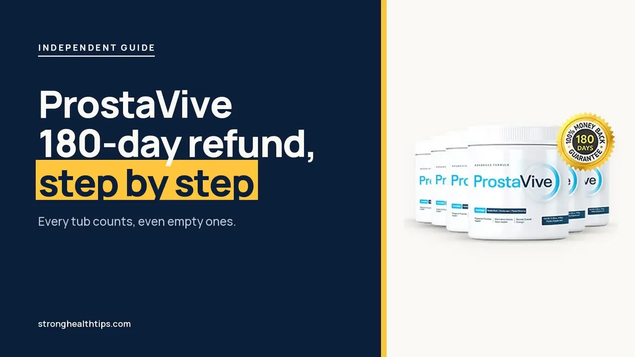 ProstaVive 180-day guarantee: headline beside the six-tub ProstaVive package on a warm white panel