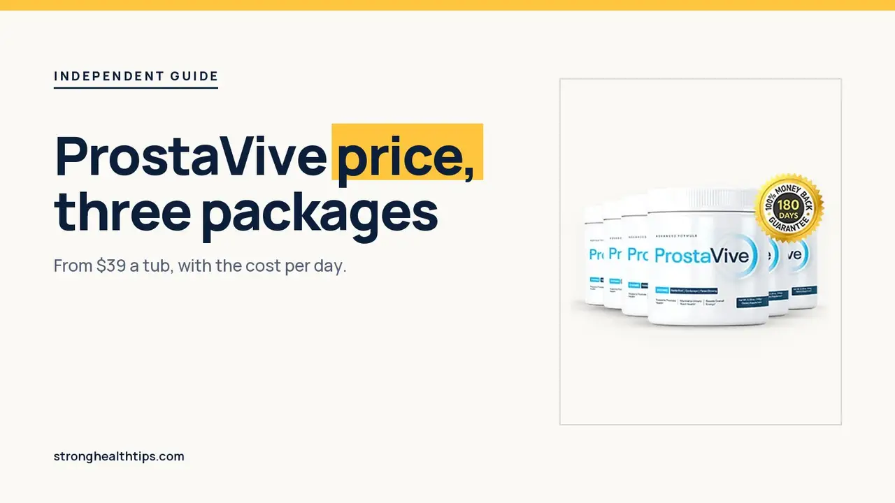 ProstaVive price: headline beside the six-tub ProstaVive package priced from $39 a tub on a navy panel