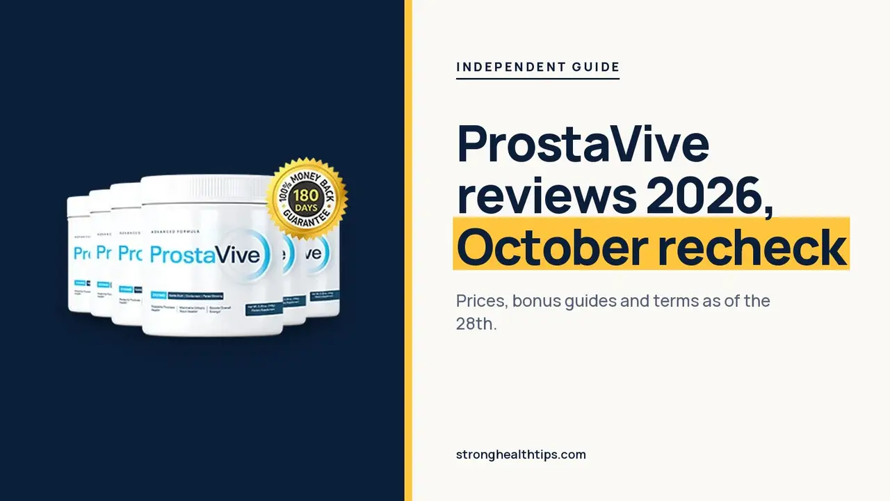 ProstaVive reviews 2026: headline beside the six-tub ProstaVive package on a navy panel with a yellow edge
