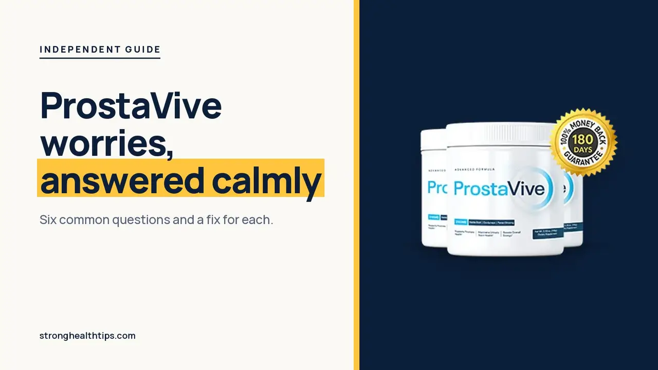 ProstaVive reviews and complaints: headline beside a ProstaVive tub on a warm white panel with a yellow bar