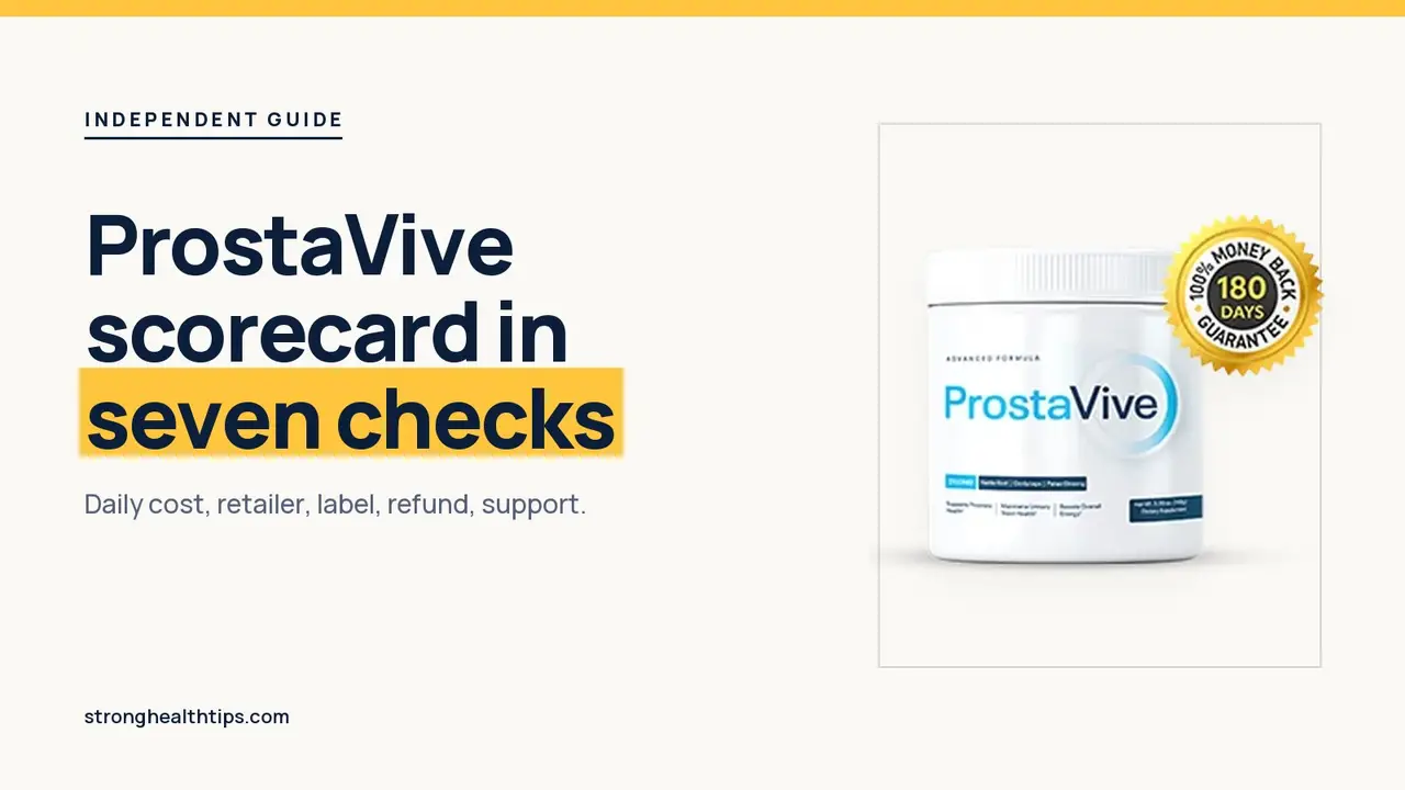 ProstaVive consumer-style scorecard: headline beside a ProstaVive tub on a navy panel with a yellow edge