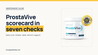 ProstaVive consumer-style scorecard: headline beside a ProstaVive tub on a navy panel with a yellow edge