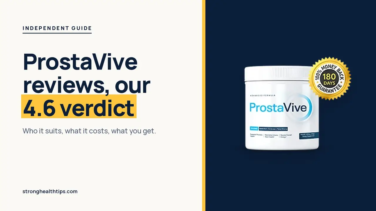ProstaVive reviews: headline beside a ProstaVive tub on a navy panel with a yellow edge