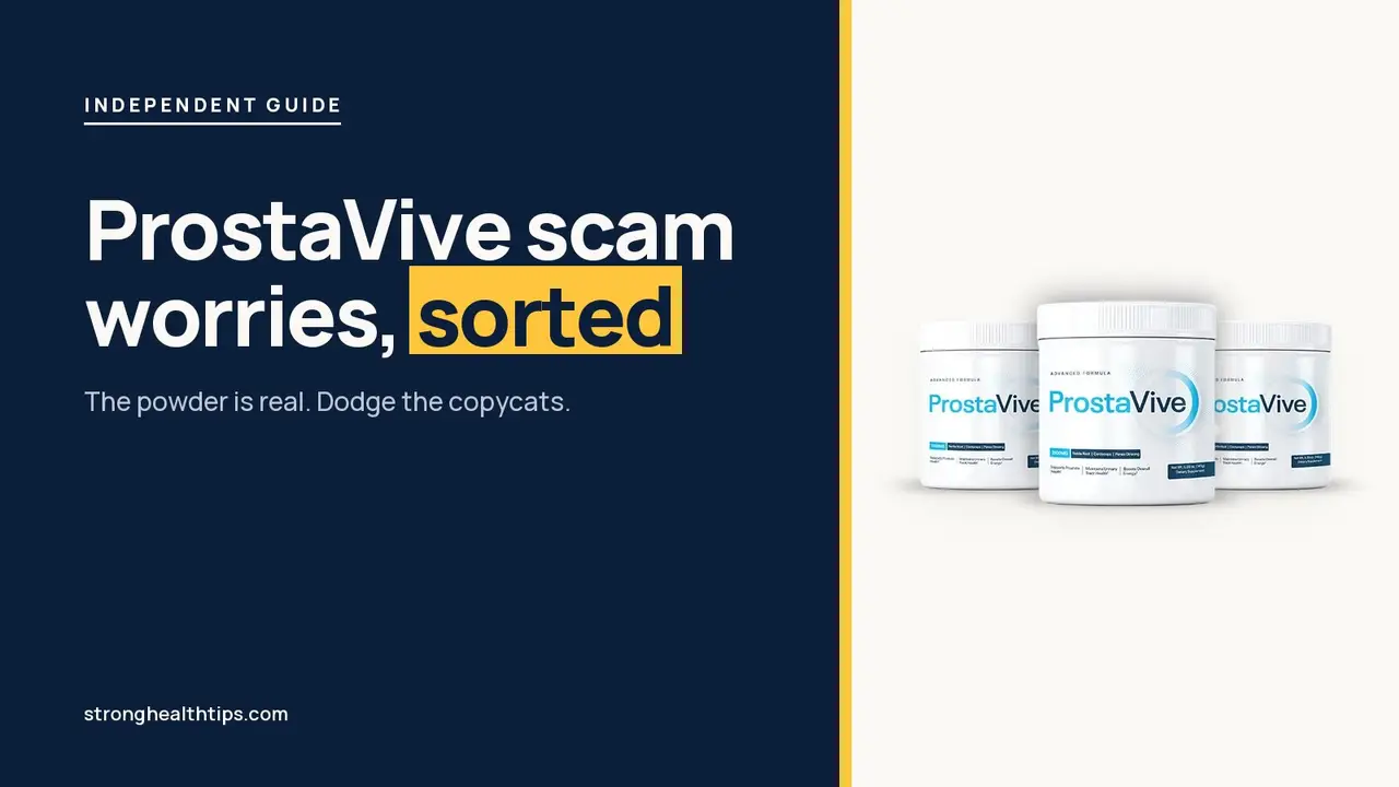 ProstaVive scam worries: headline beside a ProstaVive tub on a warm white panel with a yellow bar